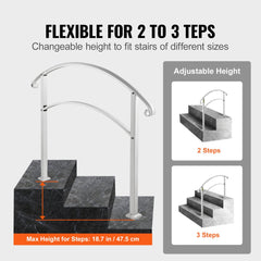 White wrought iron handrail adjustable for 2 to 3 outdoor steps with curved top rail.