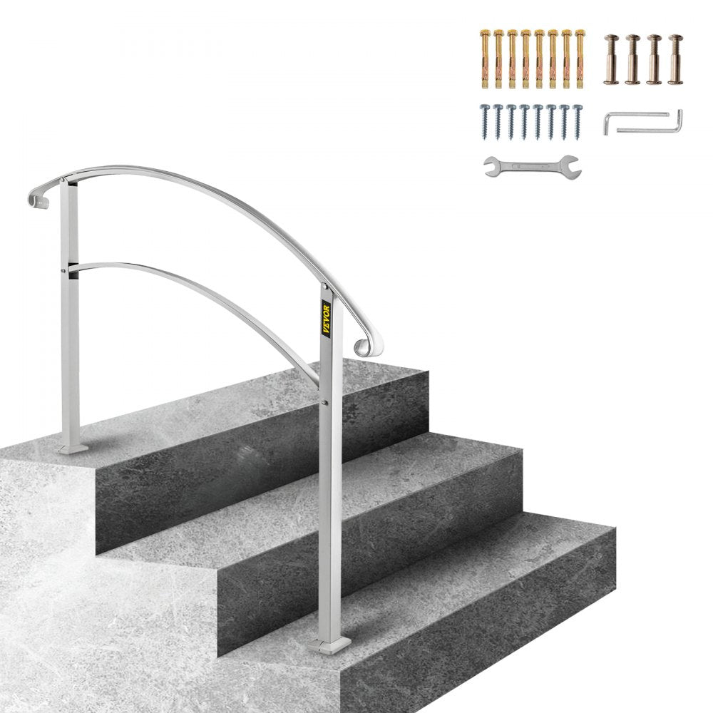 White wrought iron handrail installed on three outdoor concrete steps, with included hardware.