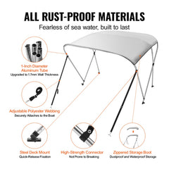 3 Bow Bimini Top Boat Cover, 900D Polyester Canopy with 1" Aluminum Alloy Frame, Waterproof and Sun Shade, Includes Storage Boot, 2 Support Poles, 4 Straps, 6`L x 46"H x 54"-60"W, Light Grey