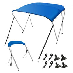 3 Bow Bimini Top Boat Cover, 900D Polyester Canopy with 1" Aluminum Alloy Frame, Waterproof and Sun Shade, Includes Storage Boot, 4 Straps, 2 Support Poles, 6`L x 46"H x 61"-66"W, Pacific Blue
