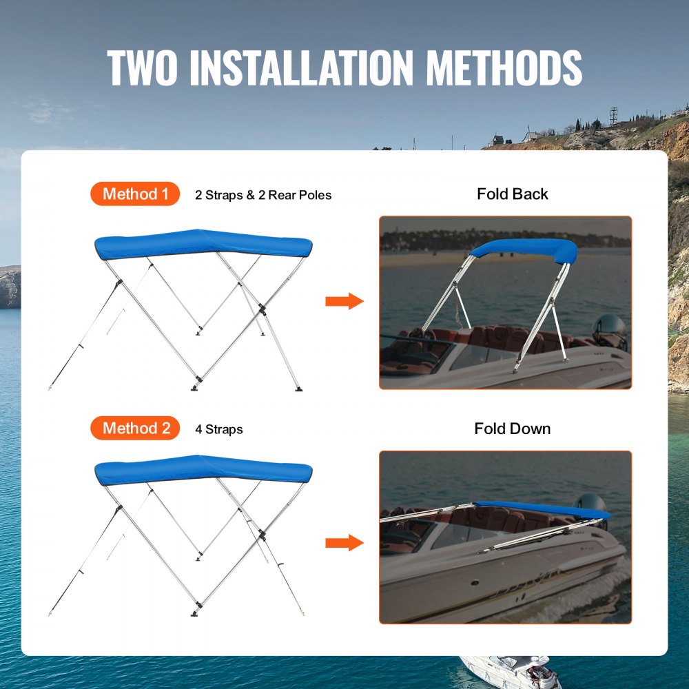3 Bow Bimini Top Boat Cover, 900D Polyester Canopy with 1" Aluminum Alloy Frame, Waterproof and Sun Shade, Includes Storage Boot, 4 Straps, 2 Support Poles, 6`L x 46"H x 61"-66"W, Pacific Blue