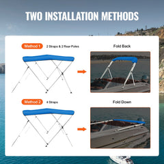 3 Bow Bimini Top Boat Cover, 900D Polyester Canopy with 1" Aluminum Alloy Frame, Waterproof and Sun Shade, Includes Storage Boot, 4 Straps, 2 Support Poles, 6`L x 46"H x 61"-66"W, Pacific Blue