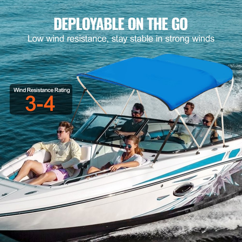 3 Bow Bimini Top Boat Cover, 900D Polyester Canopy with 1" Aluminum Alloy Frame, Waterproof and Sun Shade, Includes Storage Boot, 4 Straps, 2 Support Poles, 6`L x 46"H x 61"-66"W, Pacific Blue