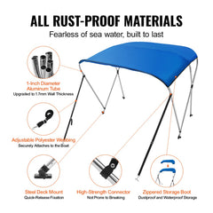 3 Bow Bimini Top Boat Cover, 900D Polyester Canopy with 1" Aluminum Alloy Frame, Waterproof and Sun Shade, Includes Storage Boot, 4 Straps, 2 Support Poles, 6`L x 46"H x 61"-66"W, Pacific Blue