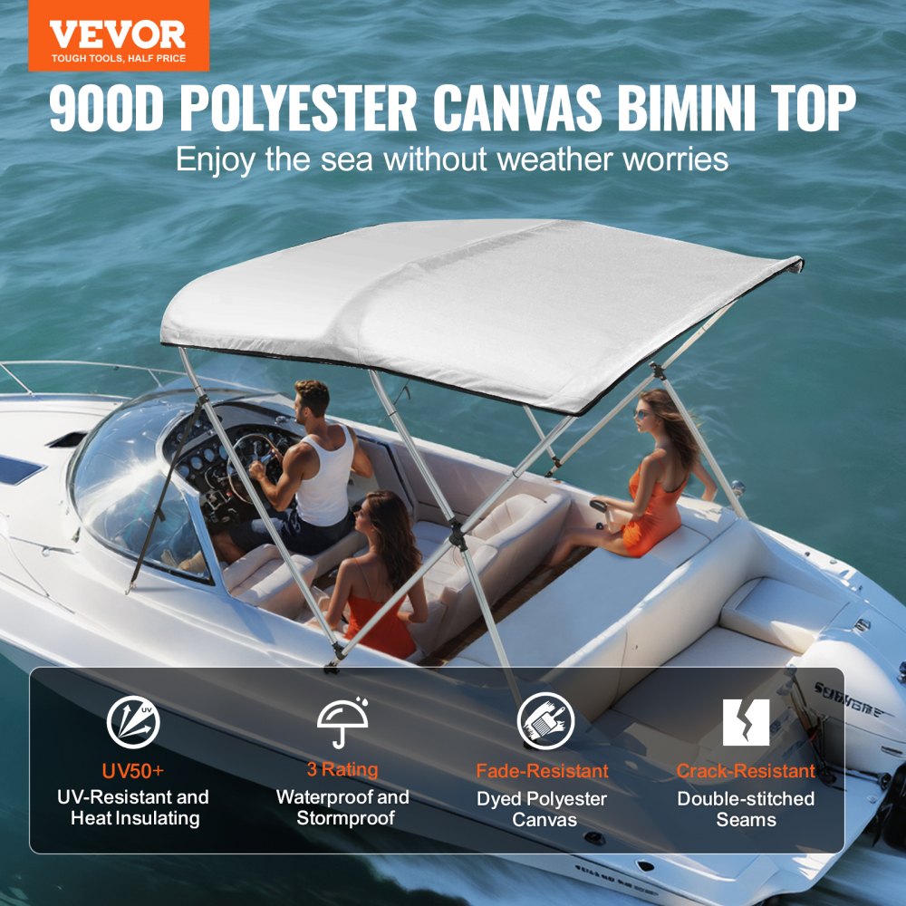 3 Bow Bimini Top Boat Cover, 900D Polyester Canopy with 1" Aluminum Alloy Frame, Waterproof and Sun Shade, Includes Storage Boot, 2 Support Poles, 4 Straps, 6`L x 46"H x 67"-72"W, Light Grey