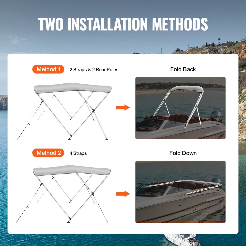 3 Bow Bimini Top Boat Cover, 900D Polyester Canopy with 1" Aluminum Alloy Frame, Waterproof and Sun Shade, Includes Storage Boot, 2 Support Poles, 4 Straps, 6`L x 46"H x 67"-72"W, Light Grey