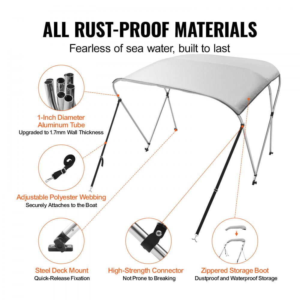 3 Bow Bimini Top Boat Cover, 900D Polyester Canopy with 1" Aluminum Alloy Frame, Waterproof and Sun Shade, Includes Storage Boot, 2 Support Poles, 4 Straps, 6`L x 46"H x 67"-72"W, Light Grey