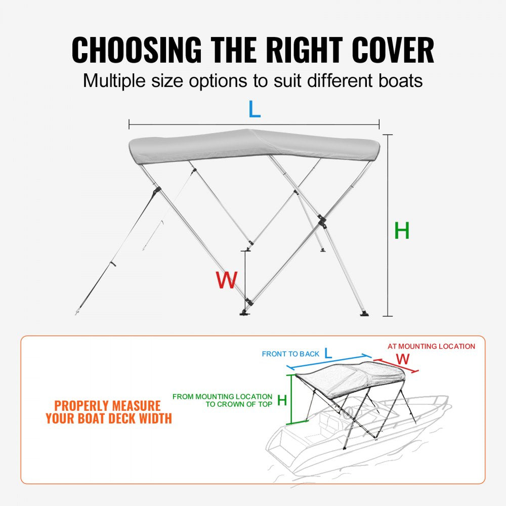 3 Bow Bimini Top Boat Cover, 900D Polyester Canopy with 1" Aluminum Alloy Frame, Waterproof and Sun Shade, Includes Storage Boot, 2 Support Poles, 4 Straps, 6`L x 46"H x 67"-72"W, Light Grey