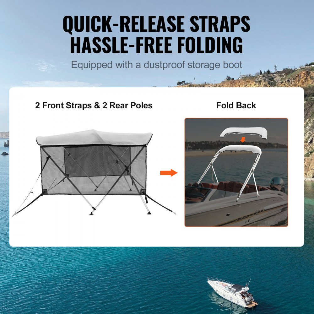 3 Bow Bimini Top Boat Cover, Detachable Mesh Sidewalls, 600D Polyester Canopy with 1" Aluminum Alloy Frame, Includes Storage Boot, 2 Support Poles, 2 Straps, 6`L x 46"H x 79"-84"W, Light Grey