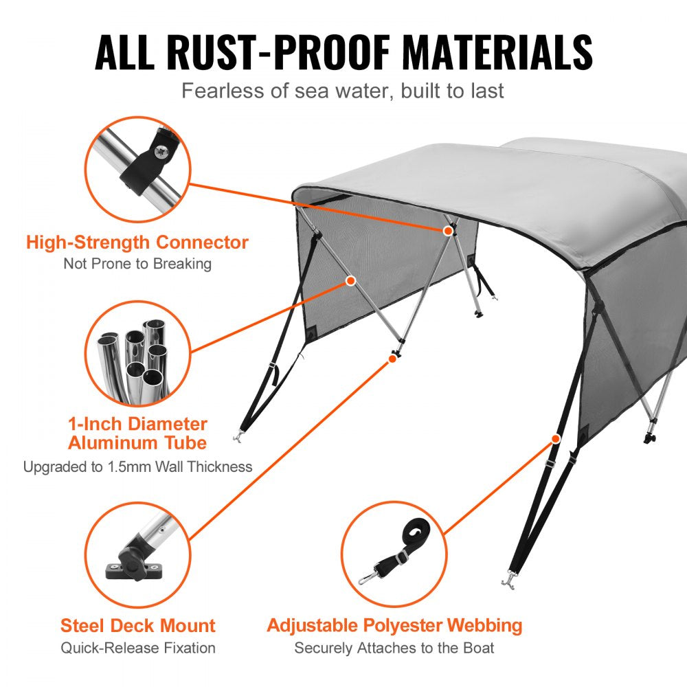 3 Bow Bimini Top Boat Cover, Detachable Mesh Sidewalls, 600D Polyester Canopy with 1" Aluminum Alloy Frame, Includes Storage Boot, 2 Support Poles, 2 Straps, 6`L x 46"H x 79"-84"W, Light Grey