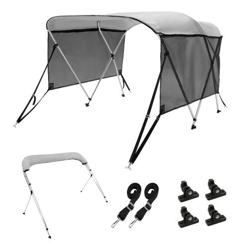 3 Bow Bimini Top Boat Cover, Detachable Mesh Sidewalls, 600D Polyester Canopy with 1" Aluminum Alloy Frame, Includes Storage Boot, 2 Support Poles, 2 Straps, 6`L x 46"H x 67"-72"W, Light Grey