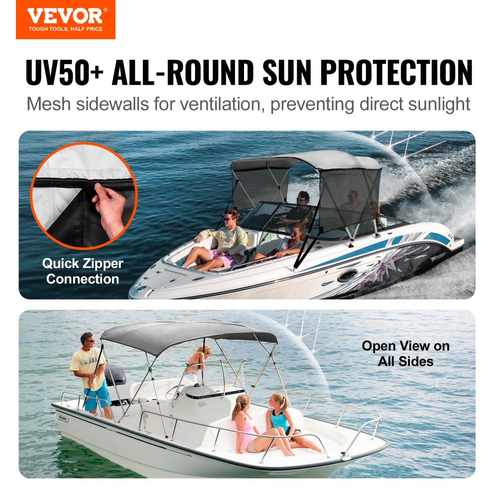 3 Bow Bimini Top Boat Cover, Detachable Mesh Sidewalls, 600D Polyester Canopy with 1" Aluminum Alloy Frame, Includes Storage Boot, 2 Support Poles, 2 Straps, 6`L x 46"H x 67"-72"W, Light Grey