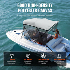 3 Bow Bimini Top Boat Cover, Detachable Mesh Sidewalls, 600D Polyester Canopy with 1" Aluminum Alloy Frame, Includes Storage Boot, 2 Support Poles, 2 Straps, 6`L x 46"H x 67"-72"W, Light Grey