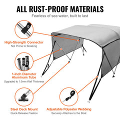 3 Bow Bimini Top Boat Cover, Detachable Mesh Sidewalls, 600D Polyester Canopy with 1" Aluminum Alloy Frame, Includes Storage Boot, 2 Support Poles, 2 Straps, 6`L x 46"H x 67"-72"W, Light Grey