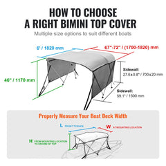 3 Bow Bimini Top Boat Cover, Detachable Mesh Sidewalls, 600D Polyester Canopy with 1" Aluminum Alloy Frame, Includes Storage Boot, 2 Support Poles, 2 Straps, 6`L x 46"H x 67"-72"W, Light Grey