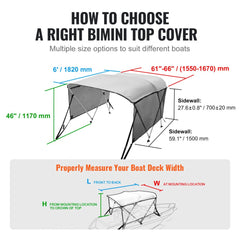 3 Bow Bimini Top Boat Cover, Detachable Mesh Sidewalls, 600D Polyester Canopy with 1" Aluminum Alloy Frame, Includes Storage Boot, 2 Support Poles, 2 Straps, 6`L x 46"H x 61"-66"W, Light Grey