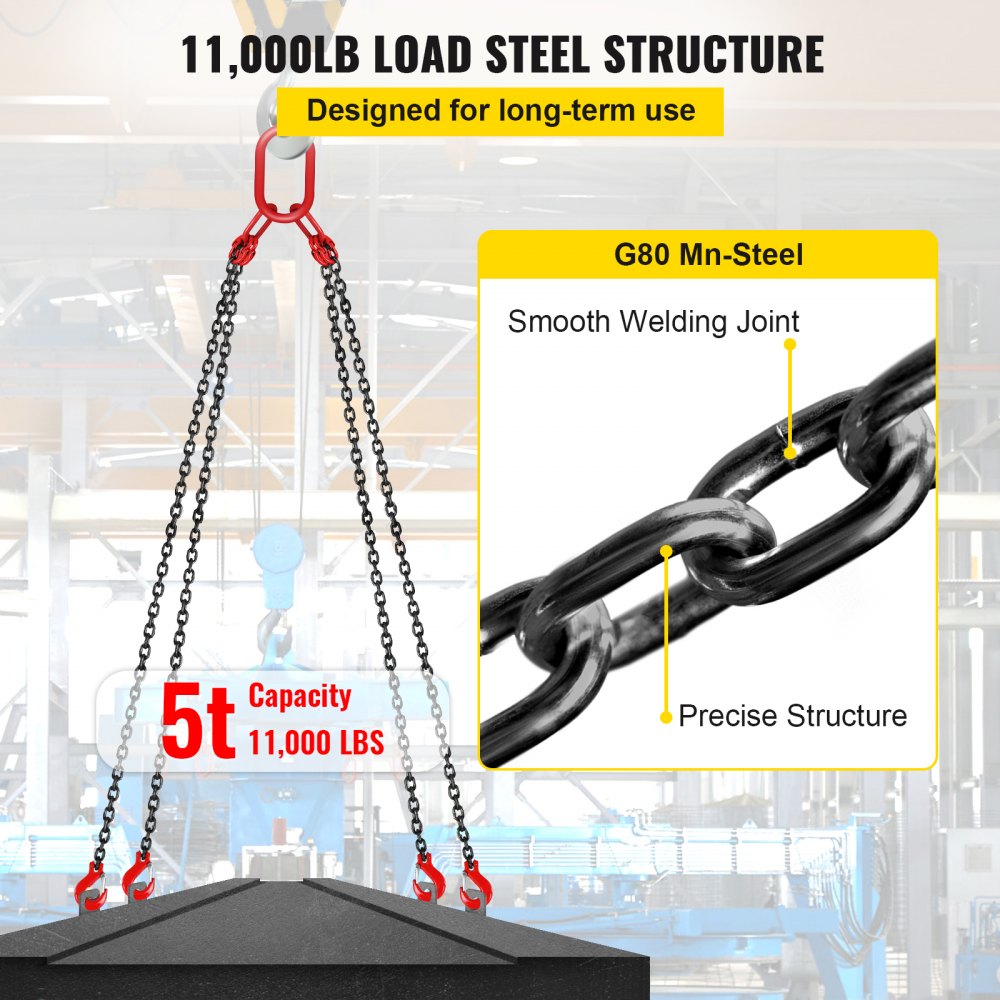 10FT Chain Sling 5/16 Inch X 10 FT Engine Lift Chain G80 Alloy Steel Engine Chain Hoist Lifts 3 Ton with 4 Leg Grab Hooks and Adjuster Used in Mining, Machinery, Ports, Building