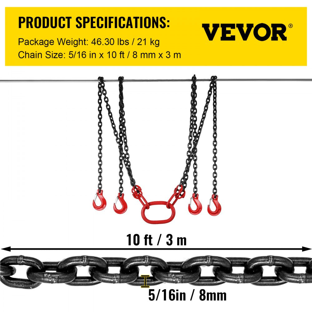 10FT Chain Sling 5/16 Inch X 10 FT Engine Lift Chain G80 Alloy Steel Engine Chain Hoist Lifts 3 Ton with 4 Leg Grab Hooks and Adjuster Used in Mining, Machinery, Ports, Building
