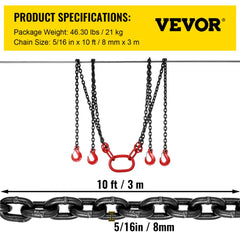 10FT Chain Sling 5/16 Inch X 10 FT Engine Lift Chain G80 Alloy Steel Engine Chain Hoist Lifts 3 Ton with 4 Leg Grab Hooks and Adjuster Used in Mining, Machinery, Ports, Building