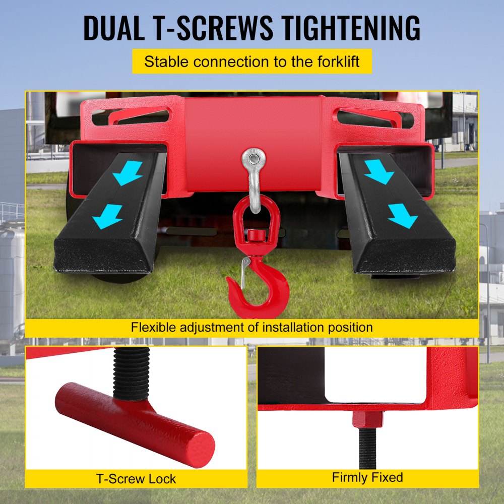 Forklift Lifting Hook, 6600lbs Capacity Forklift Lifting Hoist, Red Forklift Mobile Crane with Swivel Hook and Two Large T-Screws, Hook Forklift Lifting Hoist, Fork Lifting Attachment