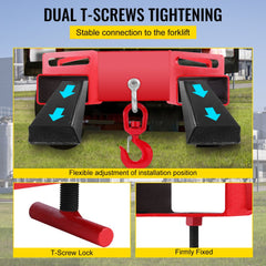 Forklift Lifting Hook, 6600lbs Capacity Forklift Lifting Hoist, Red Forklift Mobile Crane with Swivel Hook and Two Large T-Screws, Hook Forklift Lifting Hoist, Fork Lifting Attachment