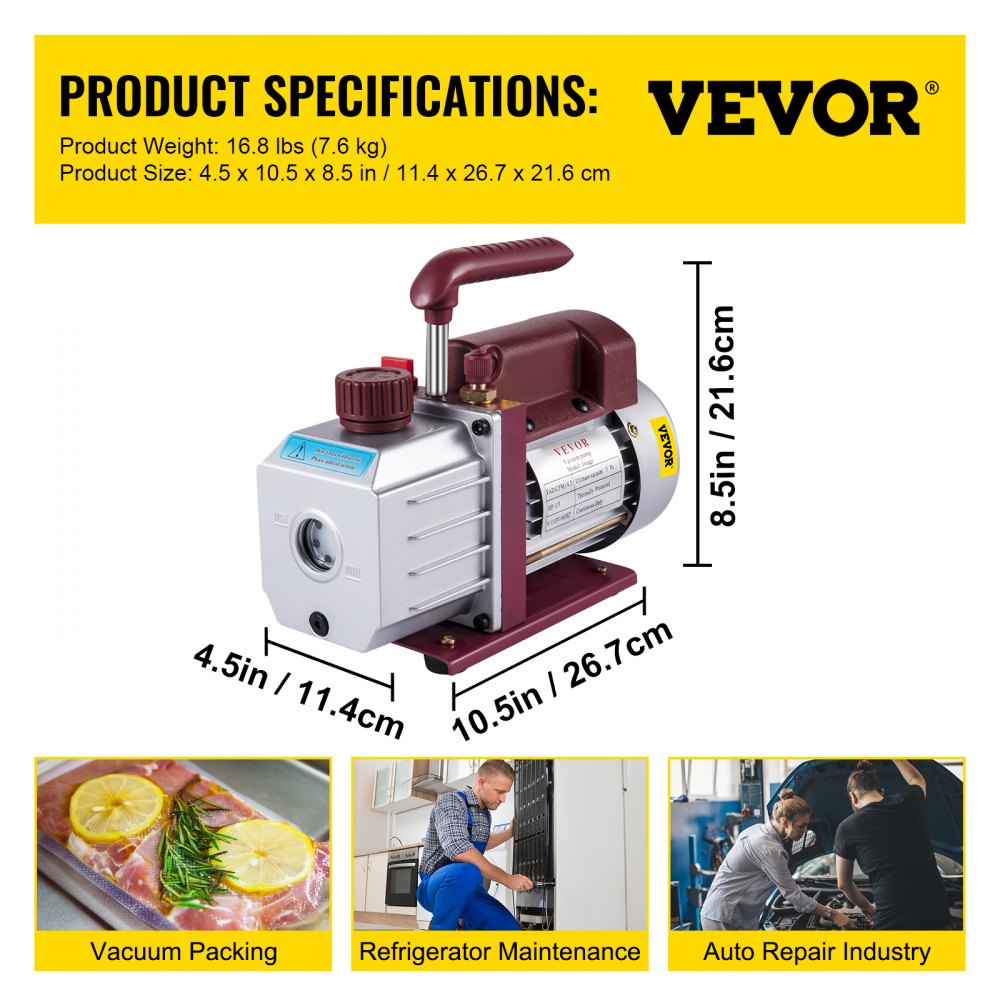 Vacuum Pump 4.5CFM Vacuum Pump HVAC Single-Stage Rotary Vane Vacuum Pump 1/3HP 5PA Ultimate Air Conditioning Refrigerant Vacuum Pump