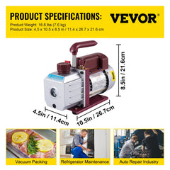 Vacuum Pump 4.5CFM Vacuum Pump HVAC Single-Stage Rotary Vane Vacuum Pump 1/3HP 5PA Ultimate Air Conditioning Refrigerant Vacuum Pump