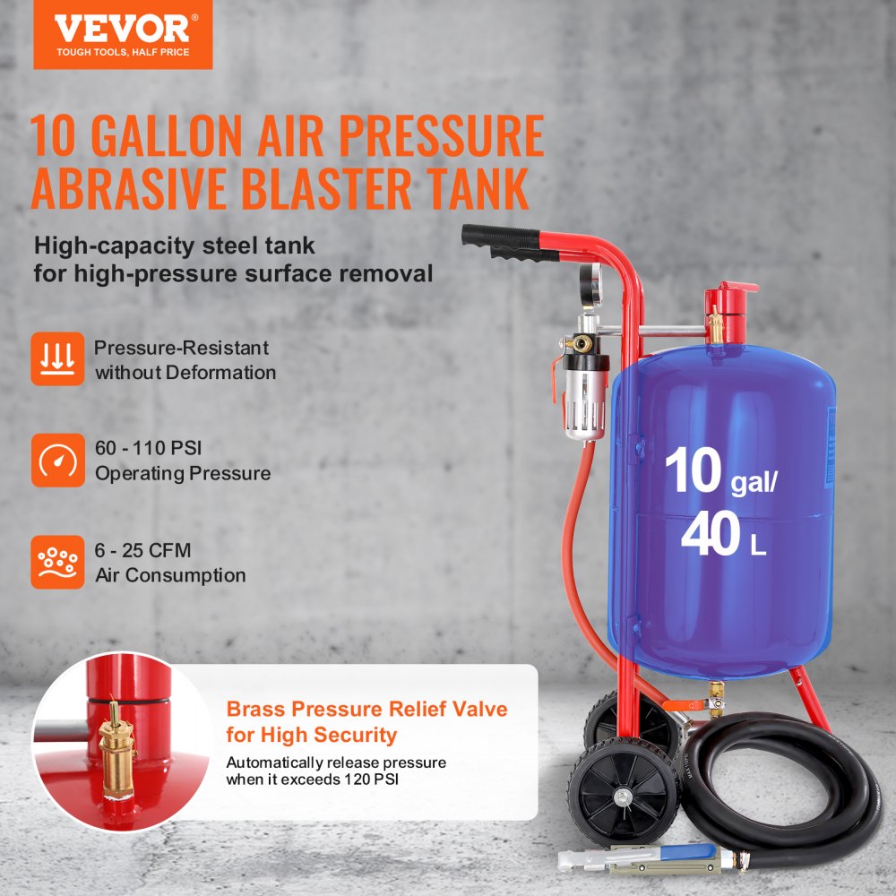 10Gal/40L Sandblaster Equipped w/Nozzle Shut-Off Valve Pressure Gauge Ceramic Nozzle Rubber Wheels Grit Power Sand Blasters Portable Sandblasting Equipment