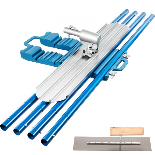 48x8 inch magnesium bull float kit with swivel bracket, four blue handles, and wood float.