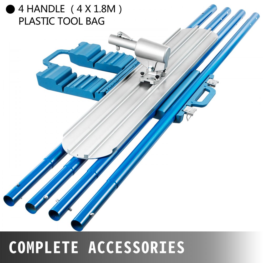 48x8 inch magnesium bull float kit with 4 blue handles and swivel bracket.
