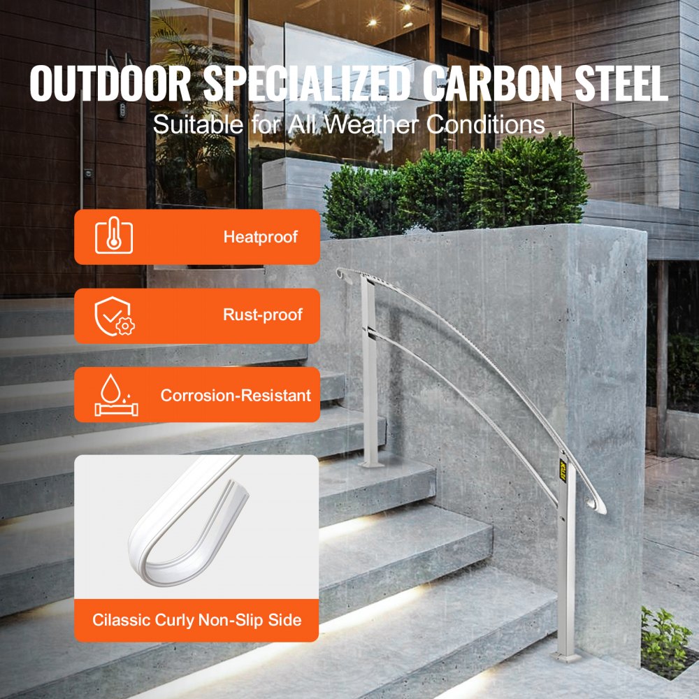 Handrails for Outdoor Steps, Fit 1 or 4 Steps Outdoor Stair Railing, White Wrought Iron Handrail, Flexible Front Porch Hand Rail, Transitional Handrails for Concrete Steps or Wooden Stairs