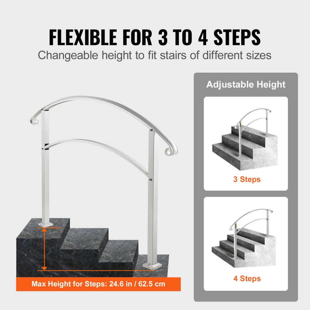 Handrails for Outdoor Steps, Fit 1 or 4 Steps Outdoor Stair Railing, White Wrought Iron Handrail, Flexible Front Porch Hand Rail, Transitional Handrails for Concrete Steps or Wooden Stairs