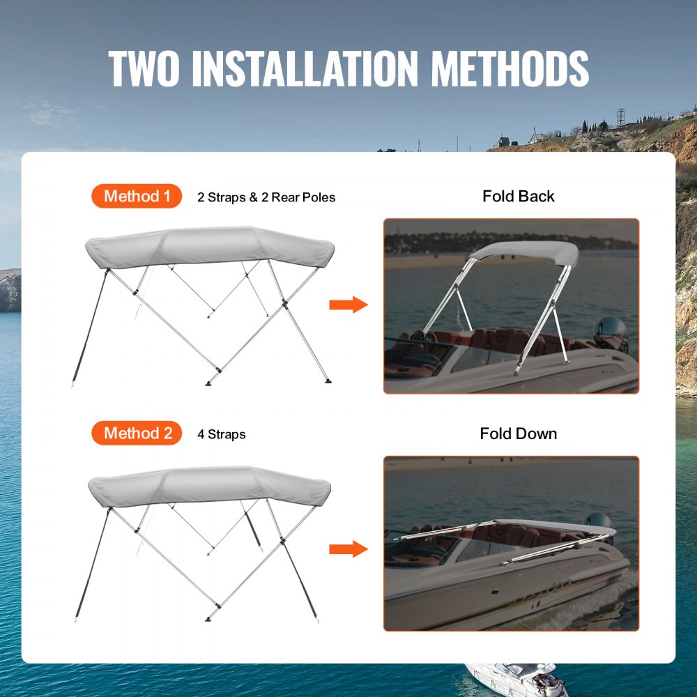 4 Bow Bimini Top Boat Cover, 900D Polyester Canopy with 1" Aluminum Alloy Frame, Waterproof and Sun Shade, Includes Storage Boot, 4 Straps, 2 Support Poles, 8`L x 54"H x 91"-96"W, Light Grey