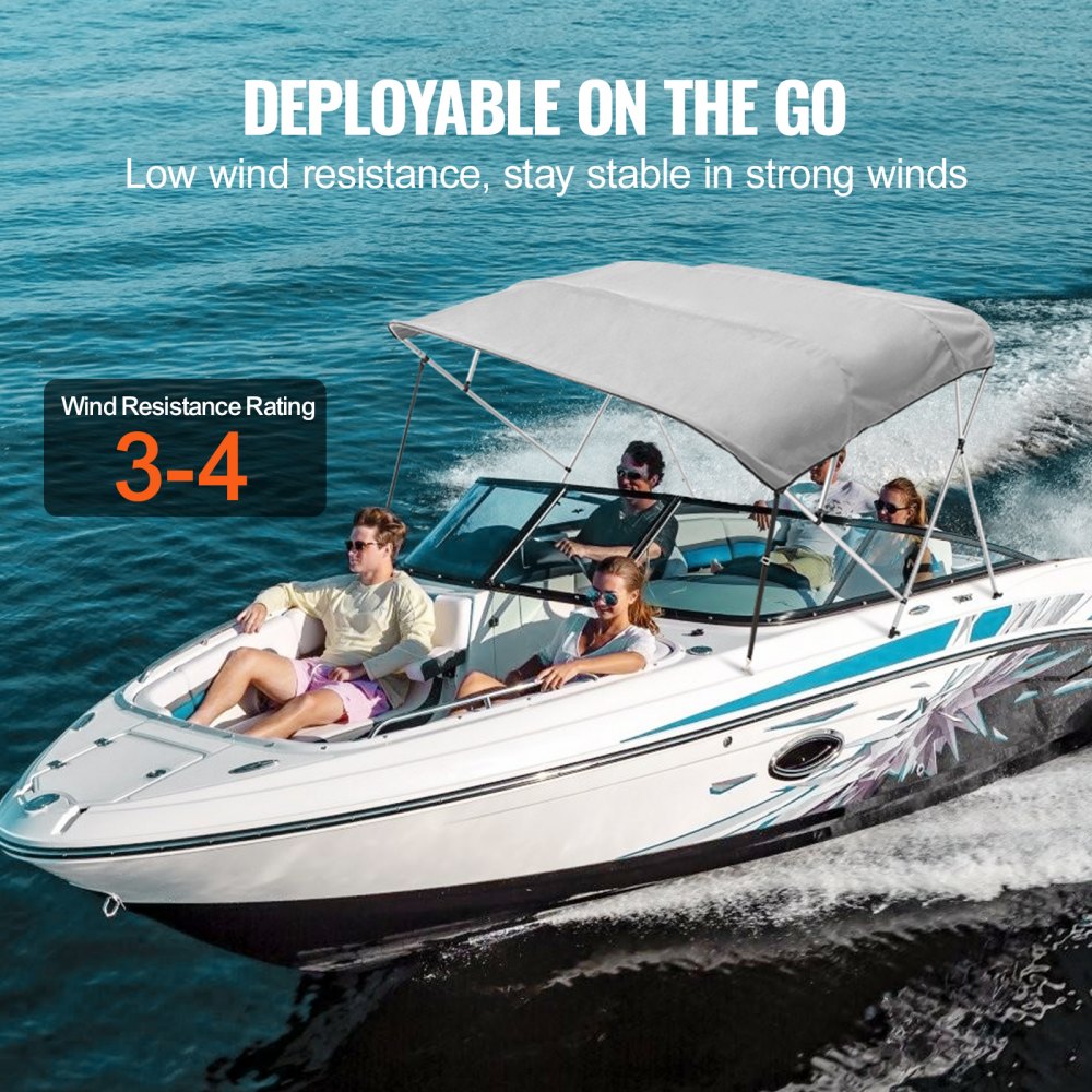 4 Bow Bimini Top Boat Cover, 900D Polyester Canopy with 1" Aluminum Alloy Frame, Waterproof and Sun Shade, Includes Storage Boot, 4 Straps, 2 Support Poles, 8`L x 54"H x 91"-96"W, Light Grey