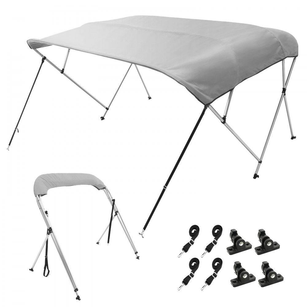 4 Bow Bimini Top Boat Cover, 900D Polyester Canopy with 1" Aluminum Alloy Frame, Waterproof and Sun Shade, Includes Storage Boot, 4 Straps, 2 Support Poles, 8`L x 54"H x 91"-96"W, Light Grey