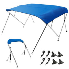4 Bow Bimini Top Boat Cover, 900D Polyester Canopy with 1" Aluminum Alloy Frame, Waterproof and Sun Shade, Includes Storage Boot, 4 Straps, 2 Support Poles, 8`L x 54"H x 91"-96"W, Pacific Blue