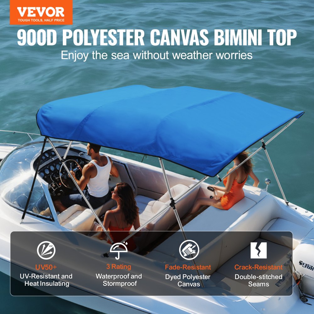 4 Bow Bimini Top Boat Cover, 900D Polyester Canopy with 1" Aluminum Alloy Frame, Waterproof and Sun Shade, Includes Storage Boot, 4 Straps, 2 Support Poles, 8`L x 54"H x 91"-96"W, Pacific Blue