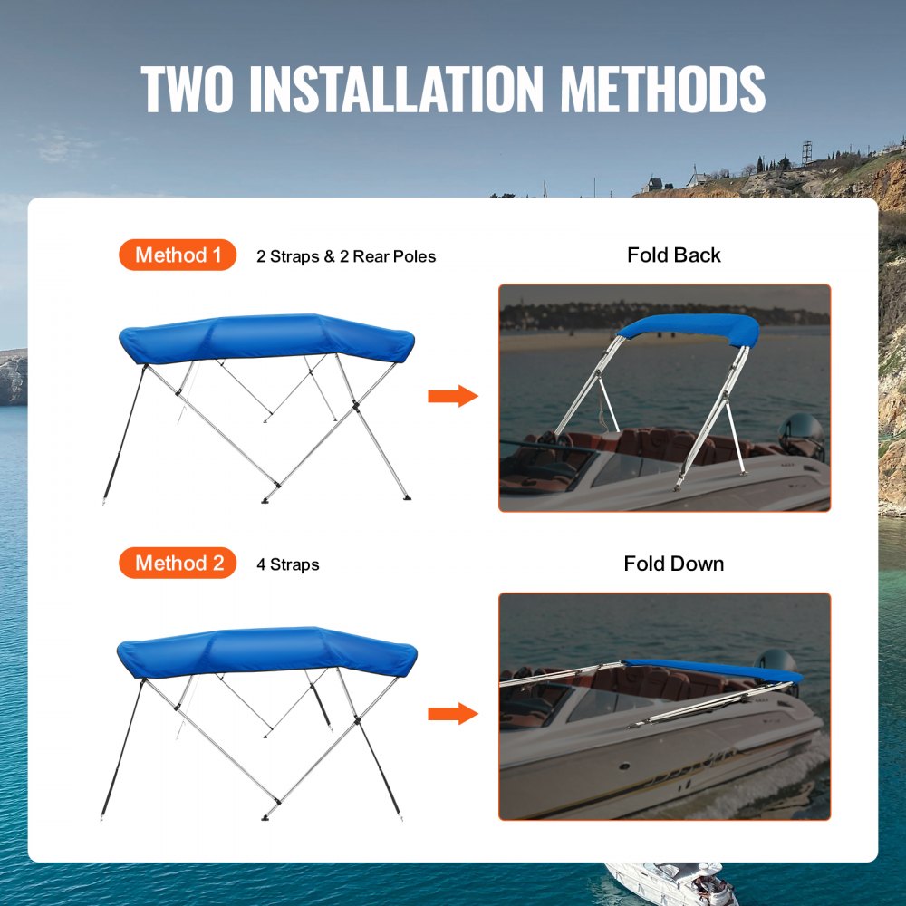 4 Bow Bimini Top Boat Cover, 900D Polyester Canopy with 1" Aluminum Alloy Frame, Waterproof and Sun Shade, Includes Storage Boot, 4 Straps, 2 Support Poles, 8`L x 54"H x 91"-96"W, Pacific Blue