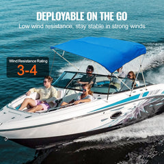 4 Bow Bimini Top Boat Cover, 900D Polyester Canopy with 1" Aluminum Alloy Frame, Waterproof and Sun Shade, Includes Storage Boot, 4 Straps, 2 Support Poles, 8`L x 54"H x 91"-96"W, Pacific Blue