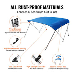 4 Bow Bimini Top Boat Cover, 900D Polyester Canopy with 1" Aluminum Alloy Frame, Waterproof and Sun Shade, Includes Storage Boot, 4 Straps, 2 Support Poles, 8`L x 54"H x 91"-96"W, Pacific Blue