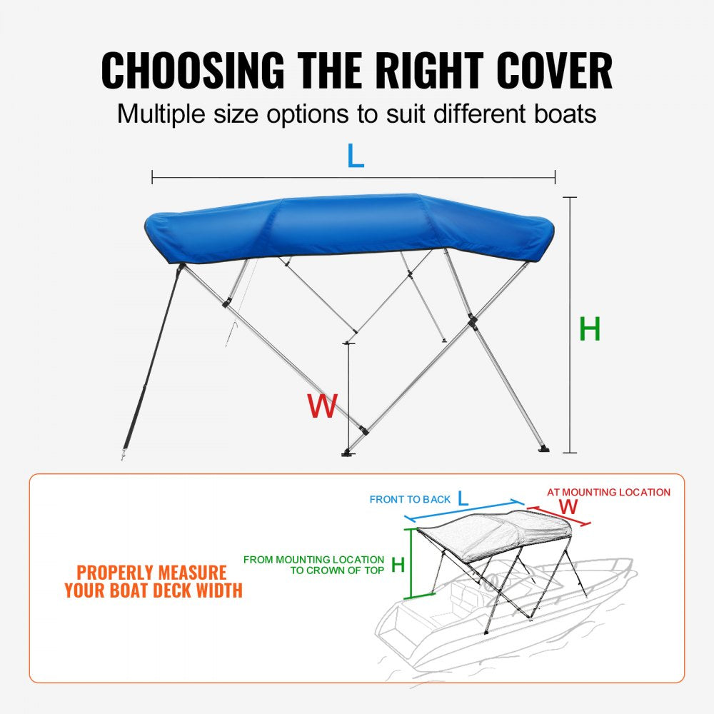 4 Bow Bimini Top Boat Cover, 900D Polyester Canopy with 1" Aluminum Alloy Frame, Waterproof and Sun Shade, Includes Storage Boot, 4 Straps, 2 Support Poles, 8`L x 54"H x 91"-96"W, Pacific Blue