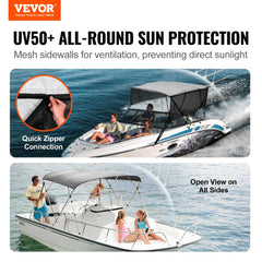 4 Bow Bimini Top Boat Cover, Detachable Mesh Sidewalls, 600D Polyester Canopy with 1" Aluminum Alloy Frame, Includes Storage Boot, 2 Straps, 2 Support Poles, 8`L x 54"H x 85"-90"W, Light Grey