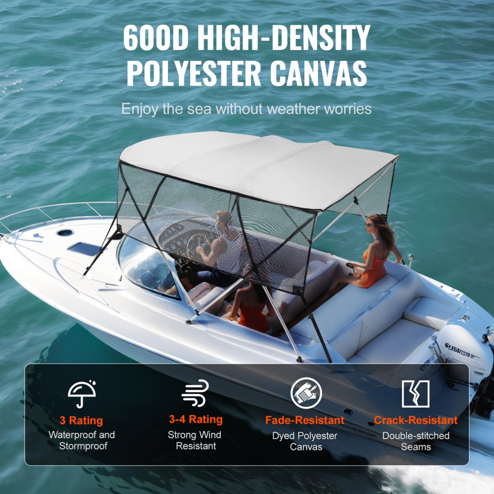 4 Bow Bimini Top Boat Cover, Detachable Mesh Sidewalls, 600D Polyester Canopy with 1" Aluminum Alloy Frame, Includes Storage Boot, 2 Straps, 2 Support Poles, 8`L x 54"H x 85"-90"W, Light Grey