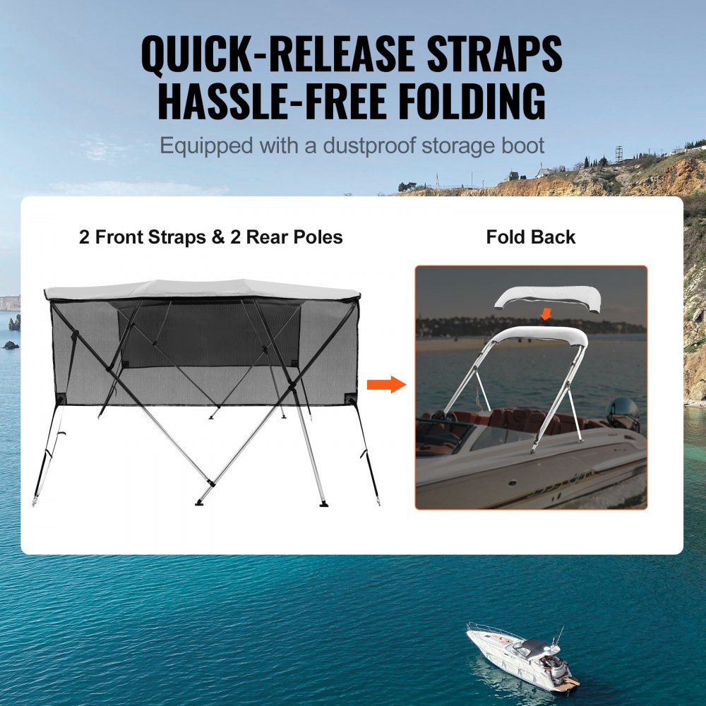 4 Bow Bimini Top Boat Cover, Detachable Mesh Sidewalls, 600D Polyester Canopy with 1" Aluminum Alloy Frame, Includes Storage Boot, 2 Straps, 2 Support Poles, 8`L x 54"H x 85"-90"W, Light Grey
