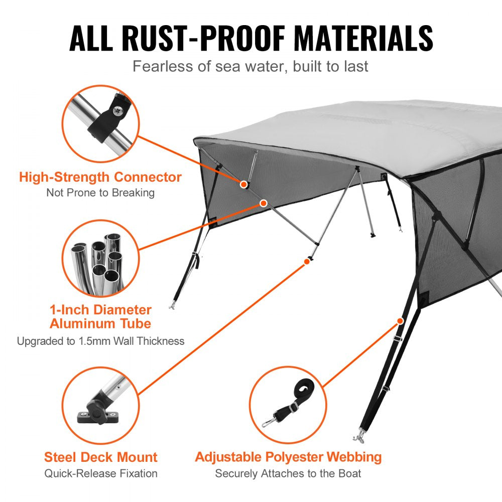 4 Bow Bimini Top Boat Cover, Detachable Mesh Sidewalls, 600D Polyester Canopy with 1" Aluminum Alloy Frame, Includes Storage Boot, 2 Straps, 2 Support Poles, 8`L x 54"H x 85"-90"W, Light Grey