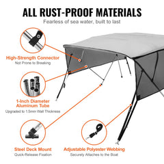 4 Bow Bimini Top Boat Cover, Detachable Mesh Sidewalls, 600D Polyester Canopy with 1" Aluminum Alloy Frame, Includes Storage Boot, 2 Straps, 2 Support Poles, 8`L x 54"H x 85"-90"W, Light Grey