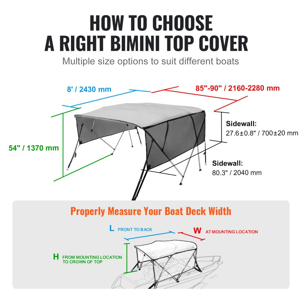4 Bow Bimini Top Boat Cover, Detachable Mesh Sidewalls, 600D Polyester Canopy with 1" Aluminum Alloy Frame, Includes Storage Boot, 2 Straps, 2 Support Poles, 8`L x 54"H x 85"-90"W, Light Grey