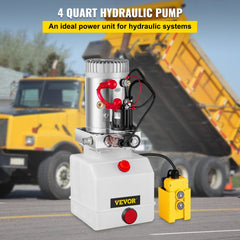 Bostome 4 quart hydraulic pump with translucent reservoir and handheld remote for dump trailers.