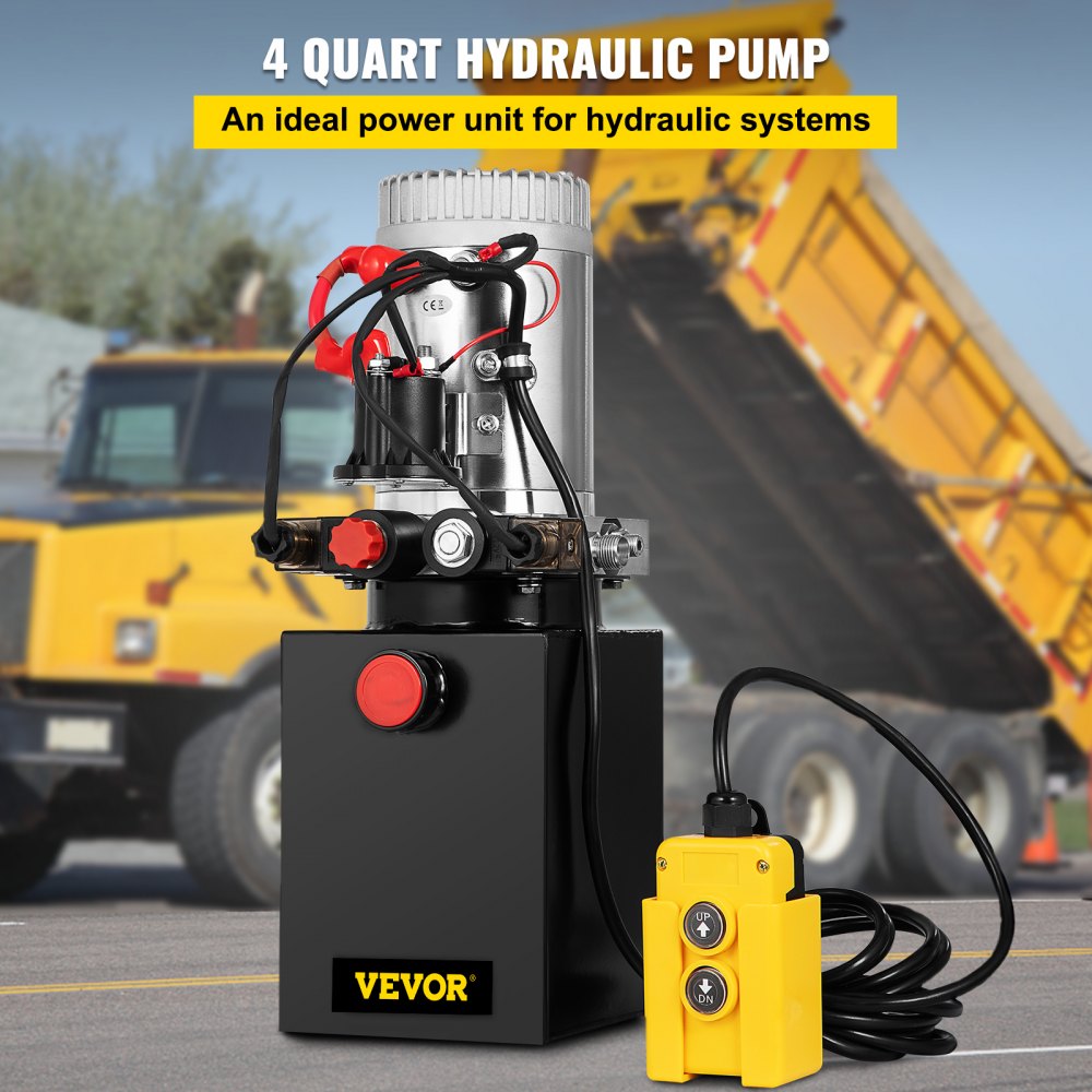 Bostome 4-quart double-acting hydraulic power unit with 12V DC steel tank, red hoses, and yellow remote control.