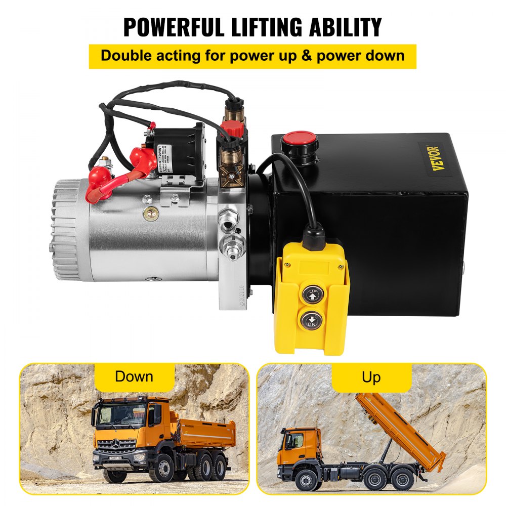Bostome 4-quart double-acting 12V DC hydraulic power unit with steel tank and yellow remote control.